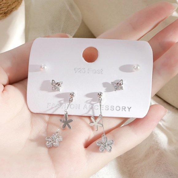 [3 Pairs] 925 Sterling Silver Flower Earrings Q - Picture 2 of 7